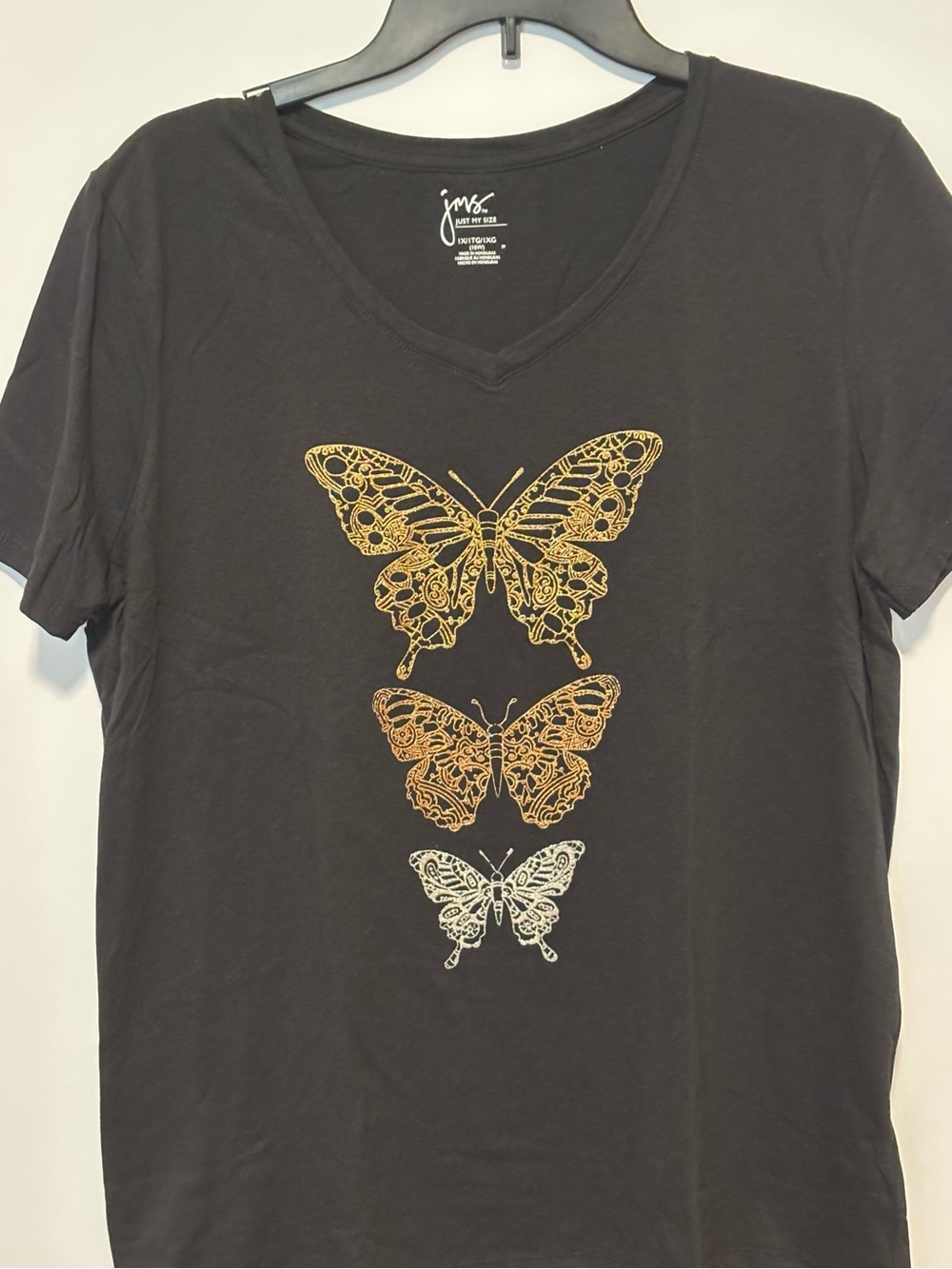 Just My Size Black V-Neck Tee with Gold, Bronze, and Silver Butterfly Stack